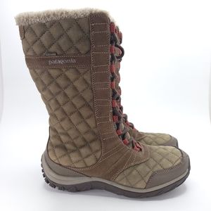 Patagonia Quilted Olive Brown Lace-Up Winter Boots with Red Accents